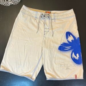 Tommy Bahama Relax Cream Blue Tropical Flower Swim Trunk Board Shorts 34 As Is